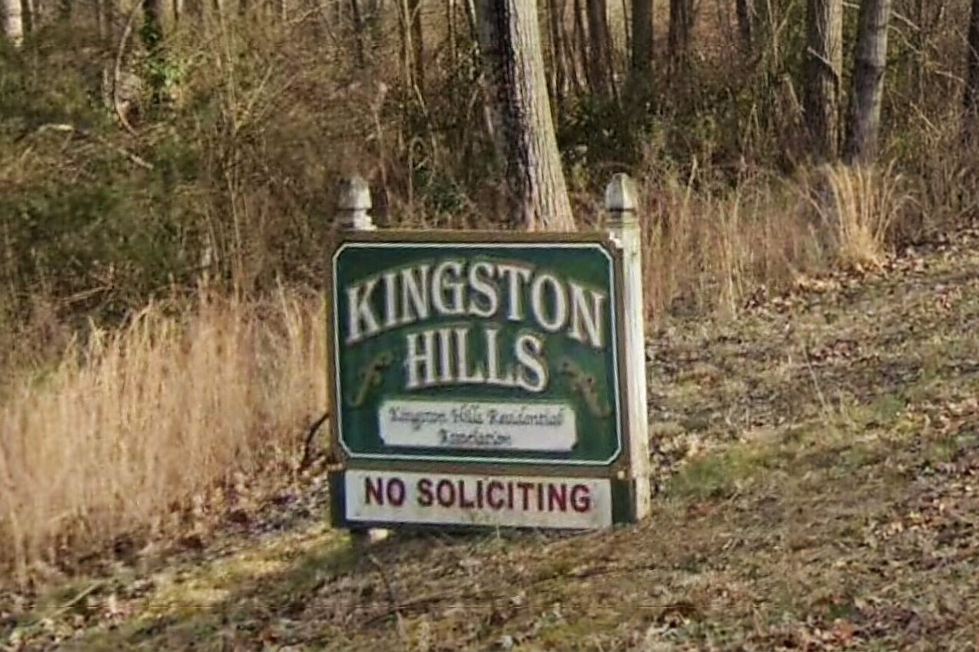 The green Kingston Hills sign at the neighborhood entrance